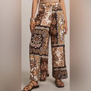 FARM Rio Brown and Cream Patterned Wide-Leg Pants